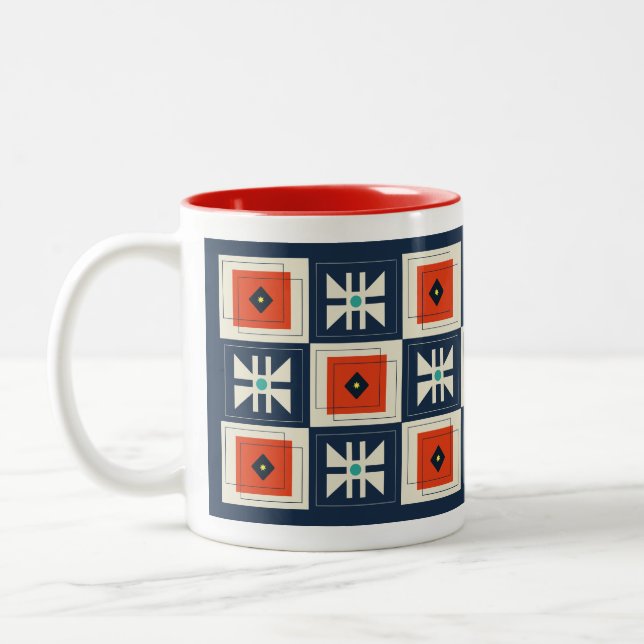 Retro Mod Abstract Geometric Butterfly  Pattern Two-Tone Coffee Mug (Left)