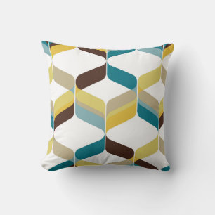 Retro Mod ARibbons Teal Blue Brown Mustard Yellow Throw Pillow