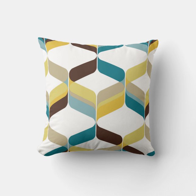 Retro Mod ARibbons Teal Blue Brown Mustard Yellow Throw Pillow (Front)