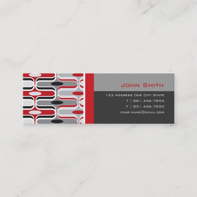 Retro Mod Art Deco Zig Zag Funky Pattern Red Black Mini Business Card (Front)