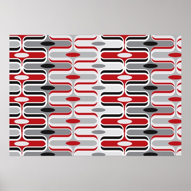 Retro Mod Art Deco Zig Zag Funky Pattern Red Black Poster (Front)