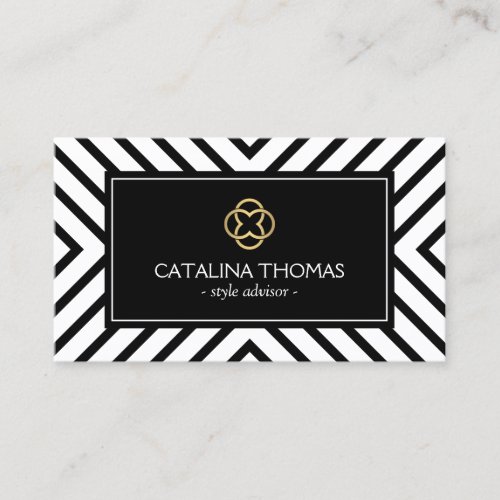 Retro Mod Black and White Pattern Gold Clover Logo Business Card