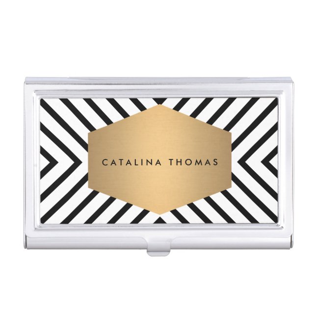 Retro Mod Black and White Pattern Gold Emblem Case (Front)
