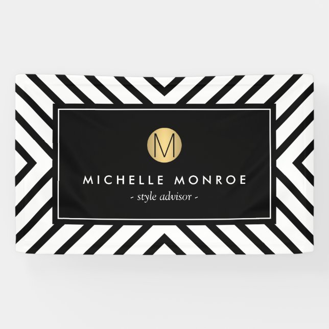 Retro Mod Black and White Pattern Gold Monogram Banner (Horizontal)