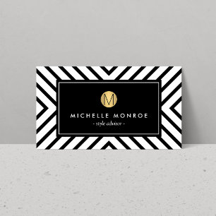 Retro Mod Black and White Pattern Gold Monogram Business Card