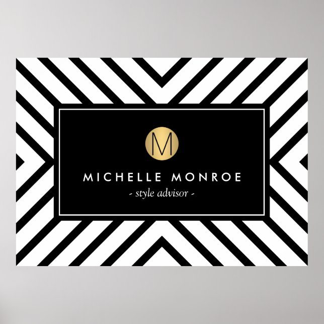 Retro Mod Black and White Pattern Gold Monogram Poster (Front)