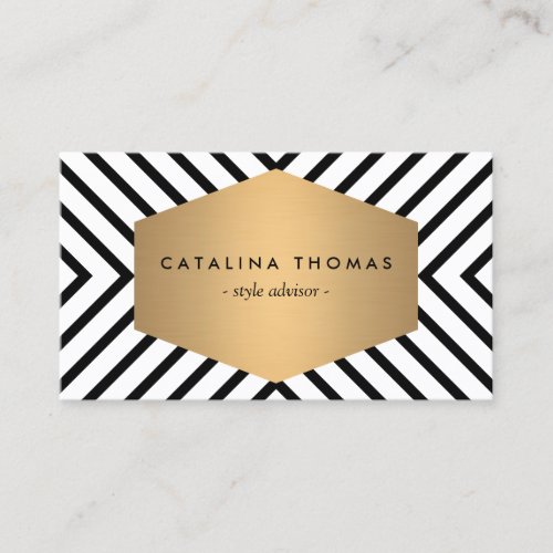 Retro Mod Black and White Pattern with Gold Emblem Business Card