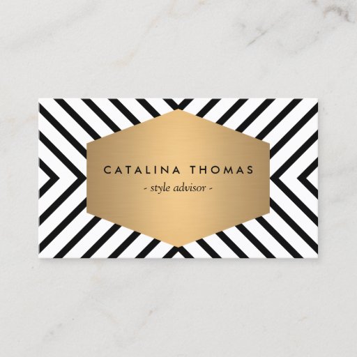 Customizable Retro Mod Black and White Pattern with Gold Emblem Business Card Template