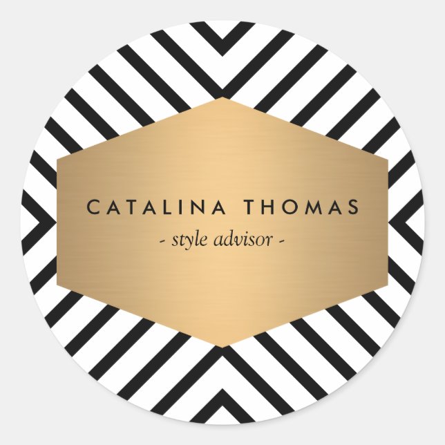 Retro Mod Black and White Pattern with Gold Emblem Classic Round Sticker (Front)