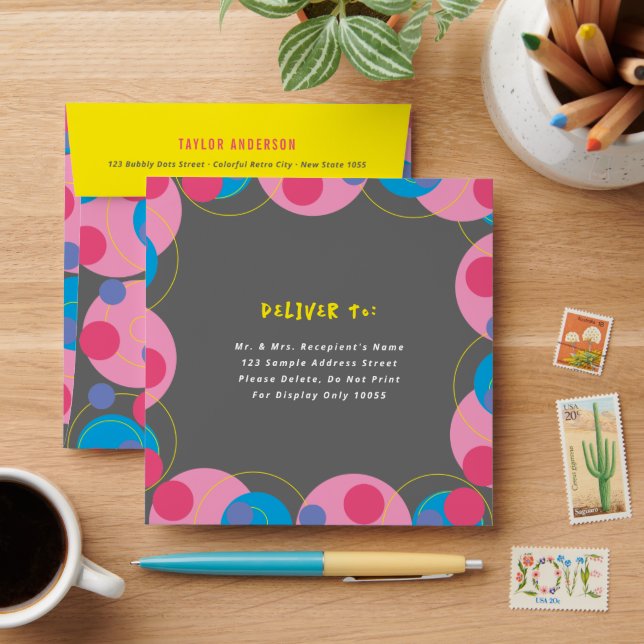 Retro Mod Bubbly Pink Blue Dots Kid's Birthday Envelope (Desk)