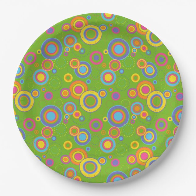 Retro Mod Circles on Green Paper Plates (Front)
