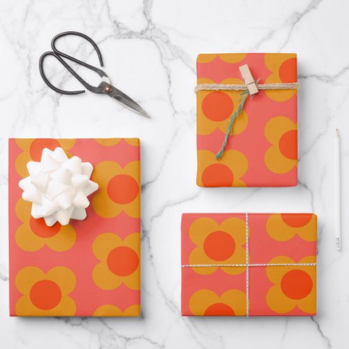Retro Mod Flower Pattern in Orange  Wrapping Paper Sheets