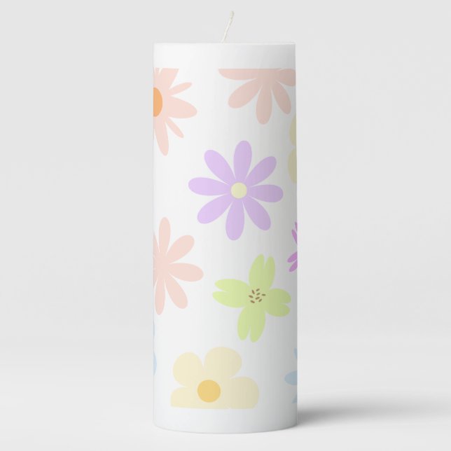 Retro Mod Flowers in Pastels Pillar Candle (Front)