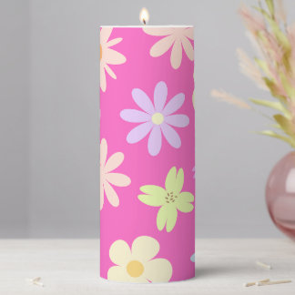 Retro Mod Flowers on Pink Pillar Candle