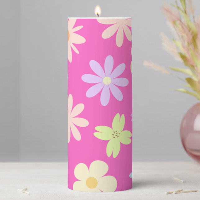 Retro Mod Flowers on Pink Pillar Candle (In Situ)