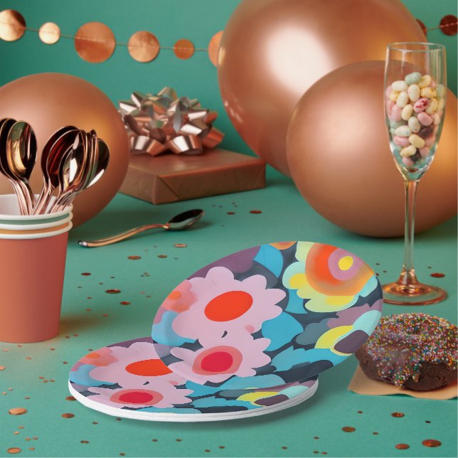 Retro mod flowers  paper plates (Multi)