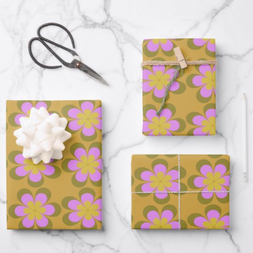 Retro Mod Flowers Pattern in Yellow and Violet Wrapping Paper Sheets