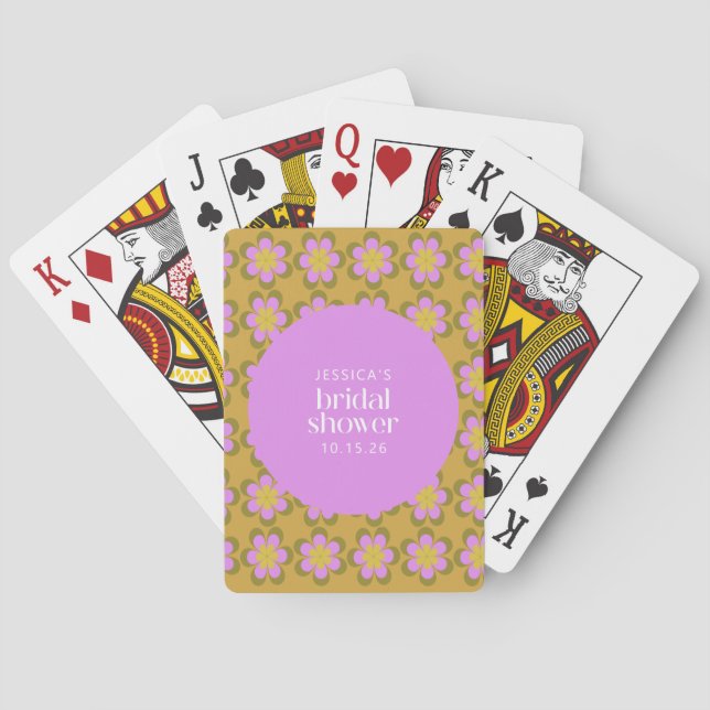 Retro Mod Flowers Purple and Yellow Bridal Shower  Poker Cards (Back)
