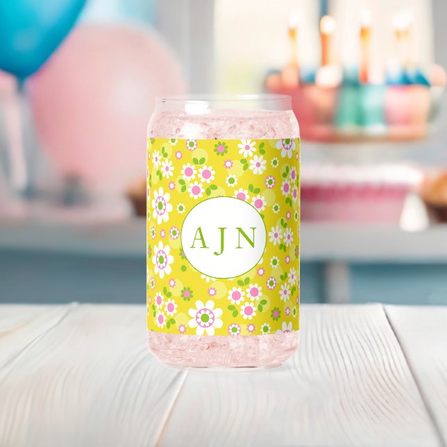 Retro Mod Flowers Yellow & White Monogram  Can Glass (Insitu (Baby Shower))