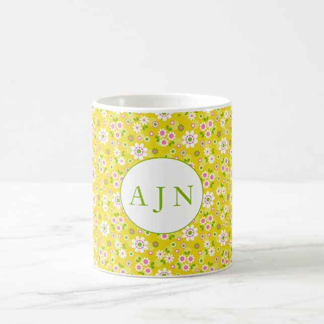 Retro Mod Flowers Yellow & White Monogram  Coffee Mug (Center)