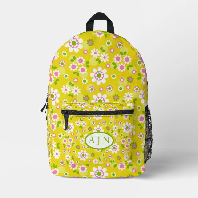 Retro Mod Flowers Yellow & White Monogram  Printed Backpack (Front)