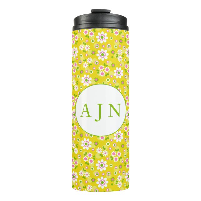 Retro Mod Flowers Yellow & White Monogram  Thermal Tumbler (Front)
