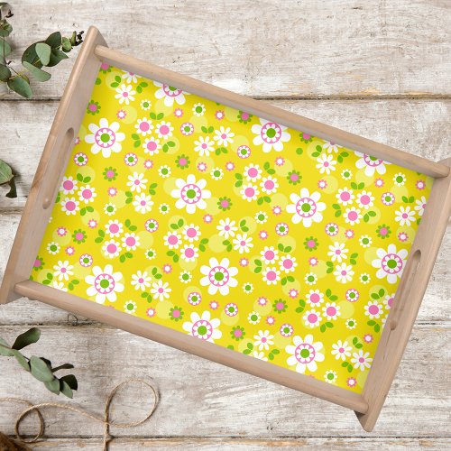 Retro Mod Flowers Yellow  White Serving Tray