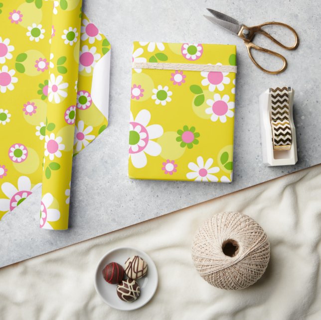 Retro Mod Flowers Yellow & White Wrapping Paper (Crafts)