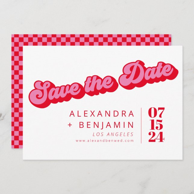 Retro Mod Groovy Bold Pink Red Checkerboard Save The Date (Front/Back)