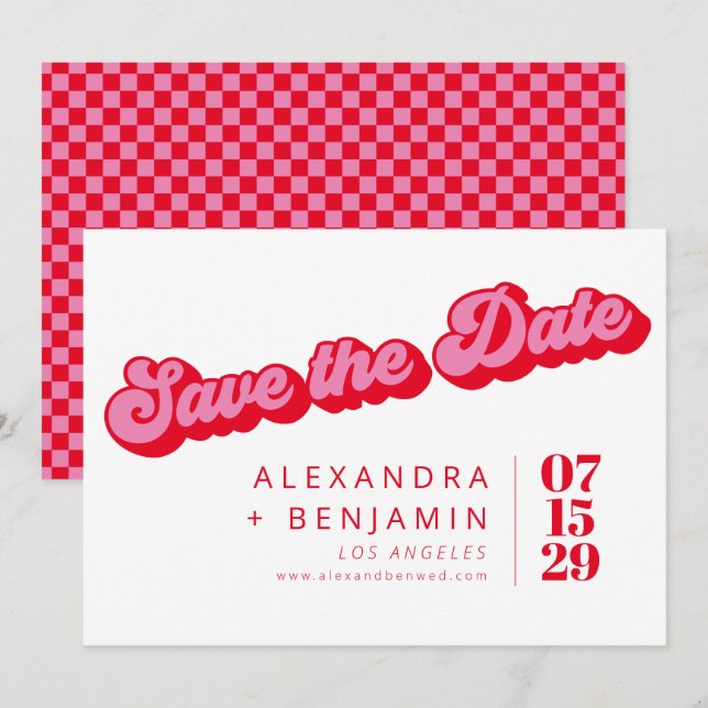 Retro Mod Groovy Bold Pink Red Checkerboard Save The Date (Front/Back)
