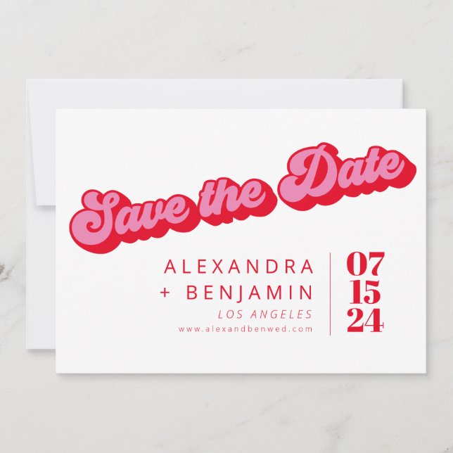 Retro Mod Groovy Bold Pink Red Photo  Save The Date (Front)