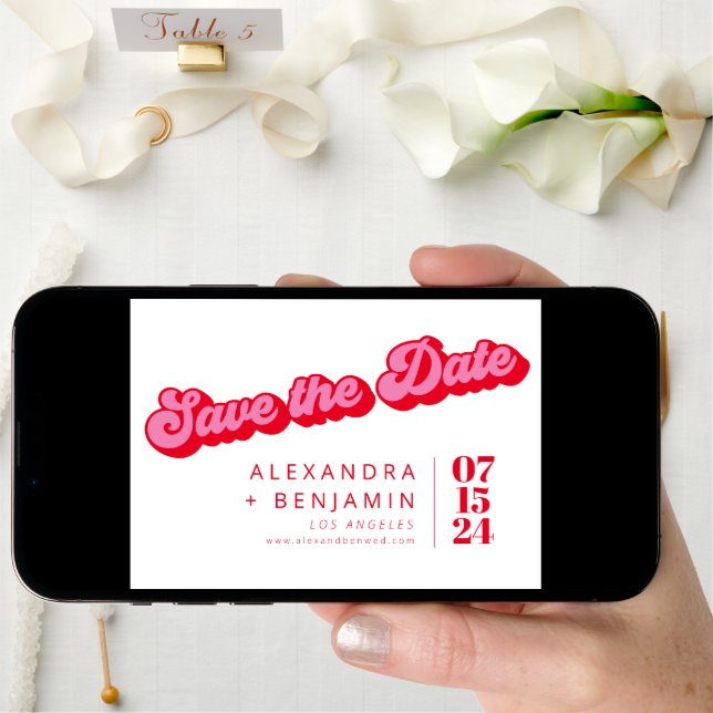 Retro Mod Groovy Bold Pink Red Photo  Save The Date (Front Digital)