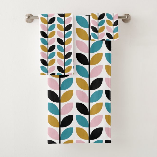 Retro Mod Leaves Stems Pattern Bath Towel Set (Insitu)