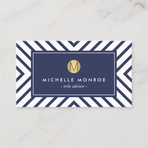 Retro Mod Navy and White Pattern Gold Monogram Business Card