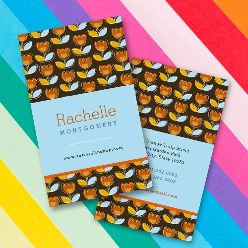 Retro Mod Orange Tulip Flowers Pattern Fun Profile Business Card