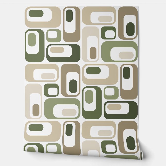 Retro Mod Ovals Green Beige Wallpaper (Unrolling)