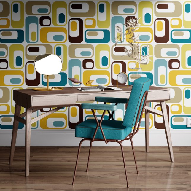 Retro Mod Ovals Teal Blue Brown Mustard Yellow Wallpaper (Creator Uploaded)