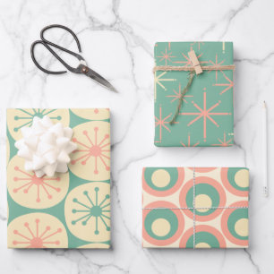 Retro Mod Patterns in Mint, Blush Pink, and Cream Wrapping Paper Sheets