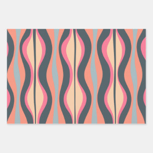 Retro Mod Patterns Pink Apricot Blue Wrapping Paper Sheets