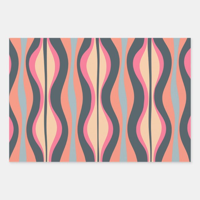 Retro Mod Patterns Pink Apricot Blue Wrapping Paper Sheets (Front)