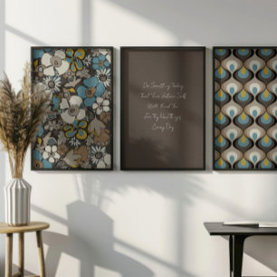 Retro Mod Patterns & Quote Blue Beige Brown Wall Art Sets