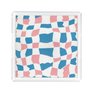 Retro Mod Pink Blue Checkerboard Abstract Acrylic Tray