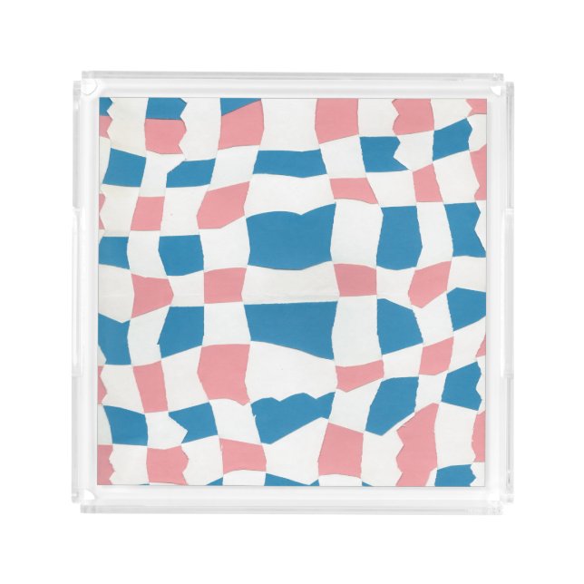 Retro Mod Pink Blue Checkerboard Abstract Acrylic Tray (Front)