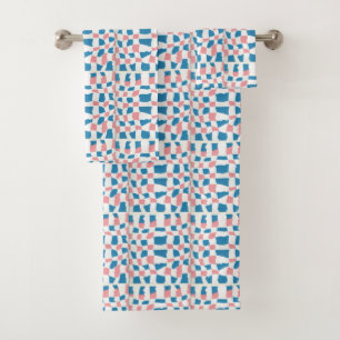 Retro Mod Pink Blue Checkerboard Abstract Bath Towel Set
