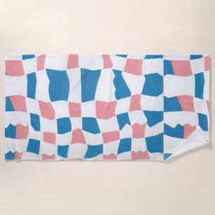 Retro Mod Pink Blue Checkerboard Abstract Beach Towel