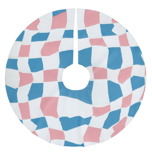 Retro Mod Pink Blue Checkerboard Abstract Brushed Polyester Tree Skirt (Front)