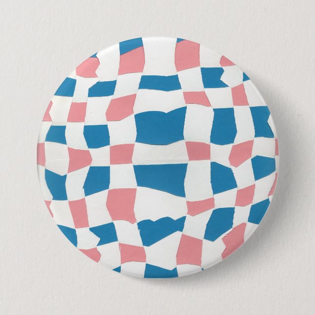 Retro Mod Pink Blue Checkerboard Abstract Button (Front)