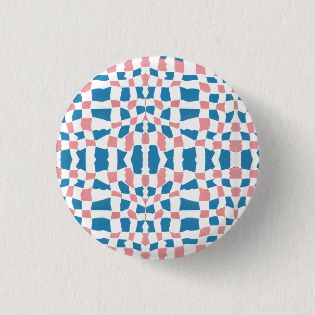 Retro Mod Pink Blue Checkerboard Abstract Button (Front)