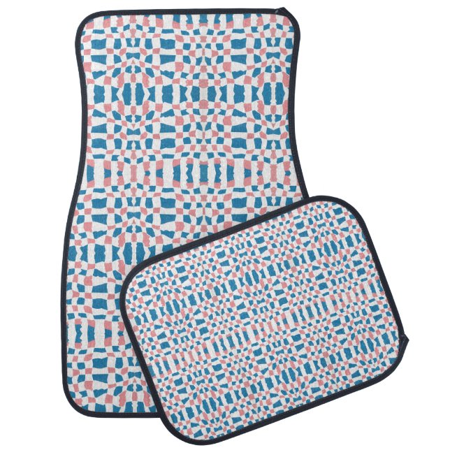 Retro Mod Pink Blue Checkerboard Abstract Car Floor Mat (Set)