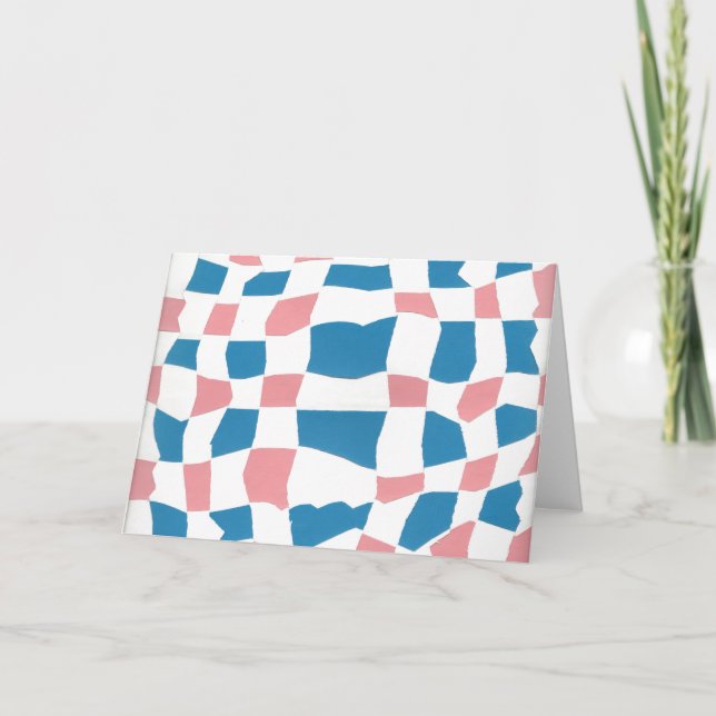 Retro Mod Pink Blue Checkerboard Abstract Card (Front)